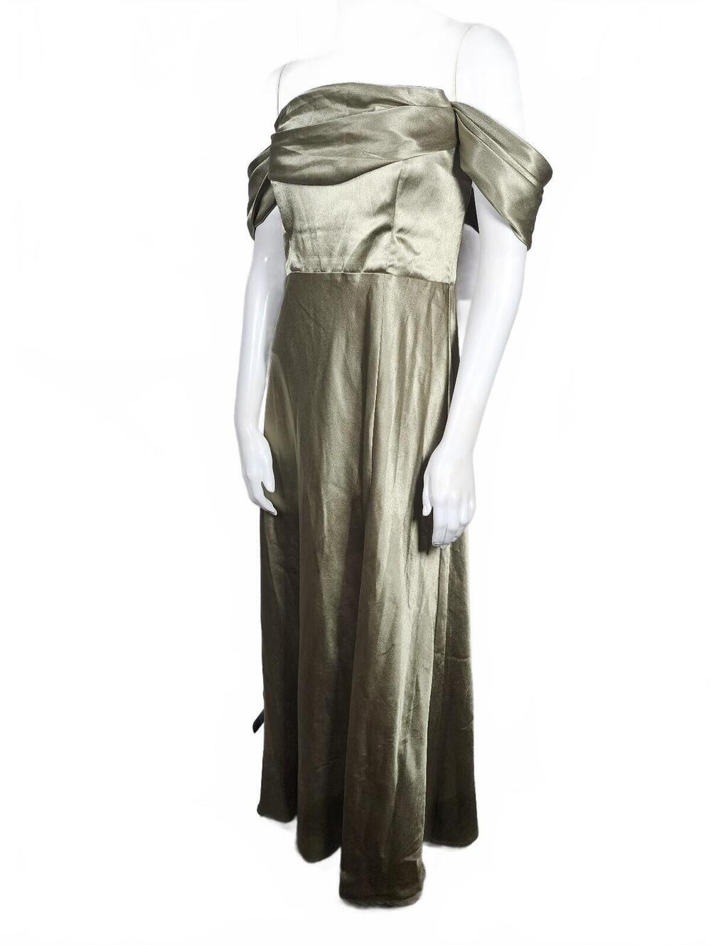 Birdy Grey Mia Moss Green Satin Off-Shoulder Evening Dress with Slit (L)